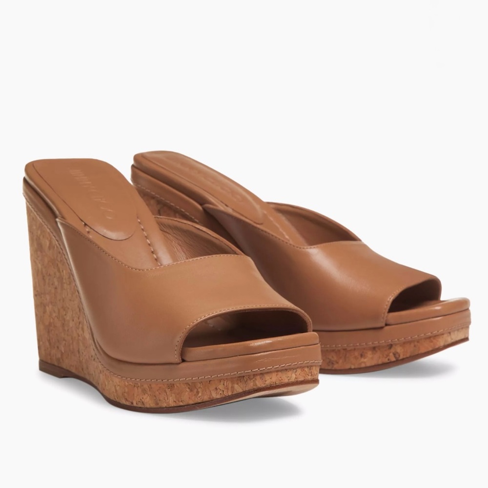 Jimmy Choo Seon 110MM Leather Wedge Sandals Biscuit  size 38.5